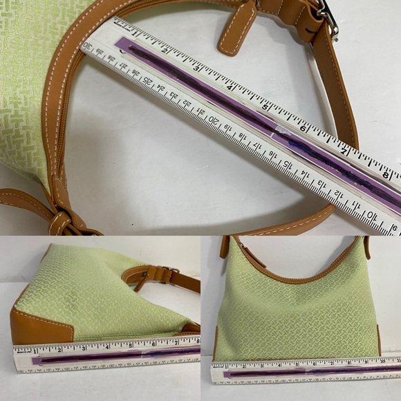 TALBOTS Shoulder Bag Small Top Zipper Single Strap Green Jacquard Tan Leather - Picture 4 of 16